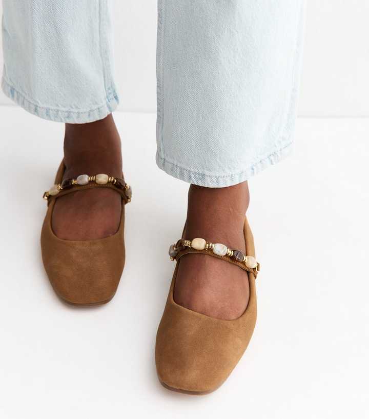 Tan Faux Suede Beaded Square Toe Ballerina Pumps | New Look display picture 3