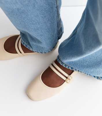 Off White Faux Leather Double Strap Mary Jane Ballet Flats