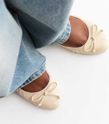 Off White Faux Leather Ruched Ballerina Pumps