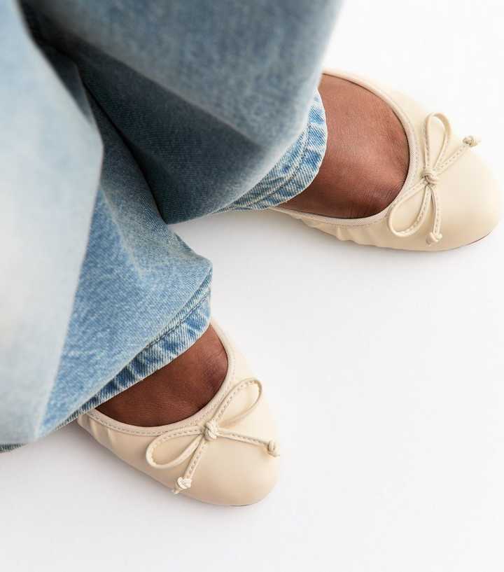 Off White Faux Leather Ruched Ballerina Pumps
