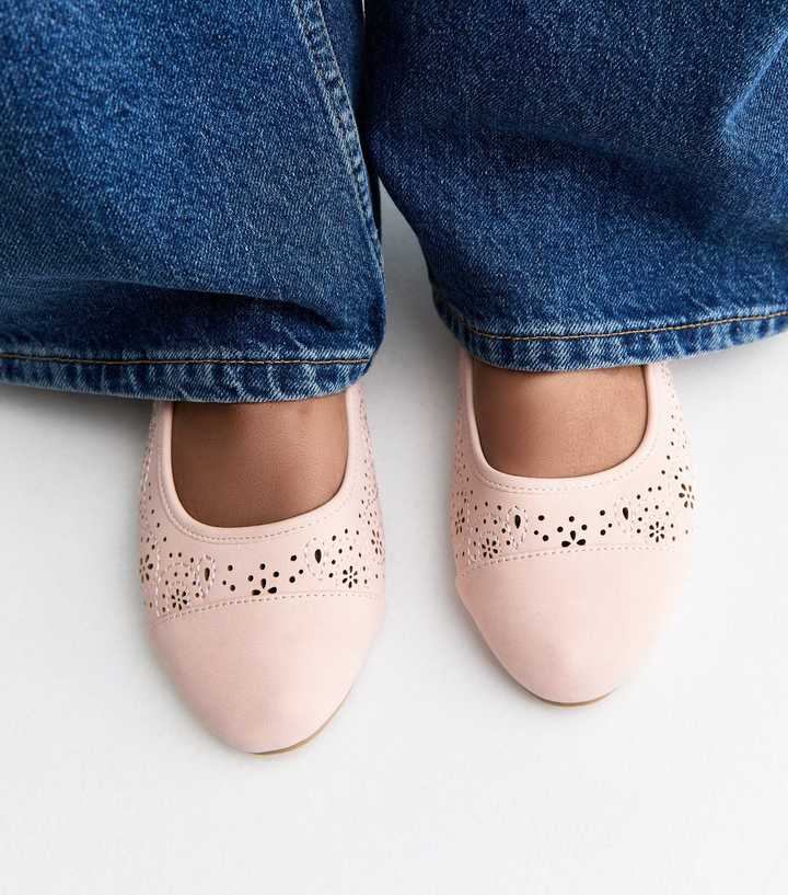 Wide Fit Pink Faux Leather Floral Cutout Ballet Pumps