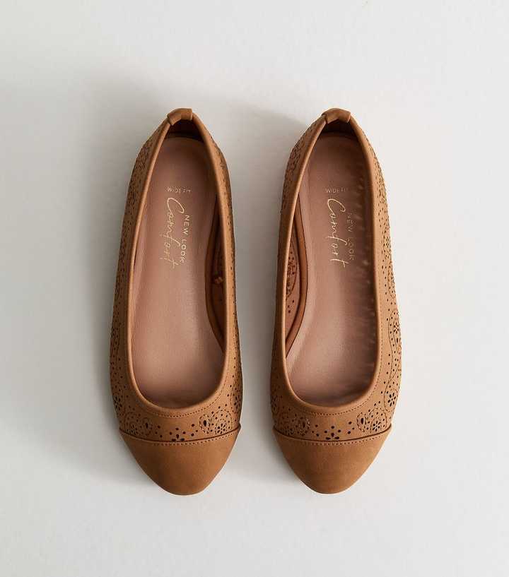 Wide Fit Tan Faux Leather Laser Cut Ballet Pumps
