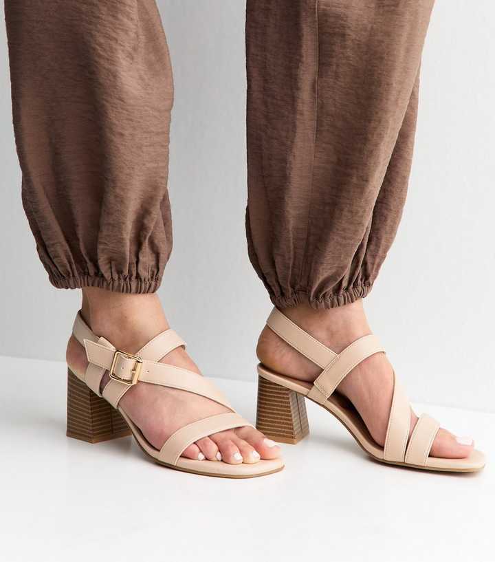 Wide Fit Off White Faux Leather Mutli Strap Block Heel Sandals