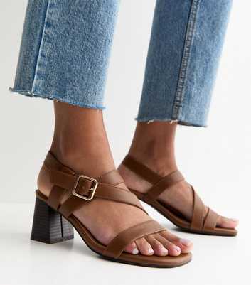 Wide Fit Tan Faux Leather Mutli Strap Block Heel Sandals
