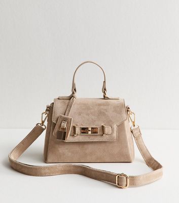 Mink Faux Suede Mini Turn Lock Crossbody Bag | New Look