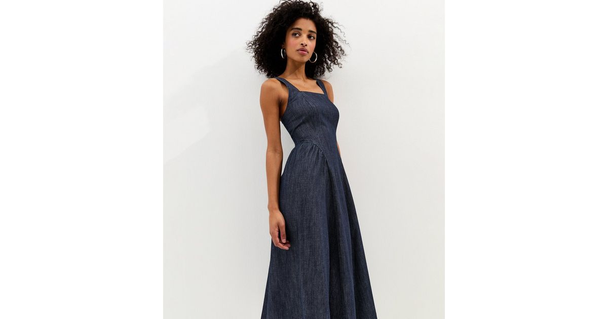 Navy Denim Square Neck Midi Dress