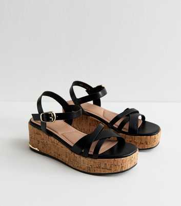 Black Faux Leather Cross Over Strap Cork Flatform Sandals