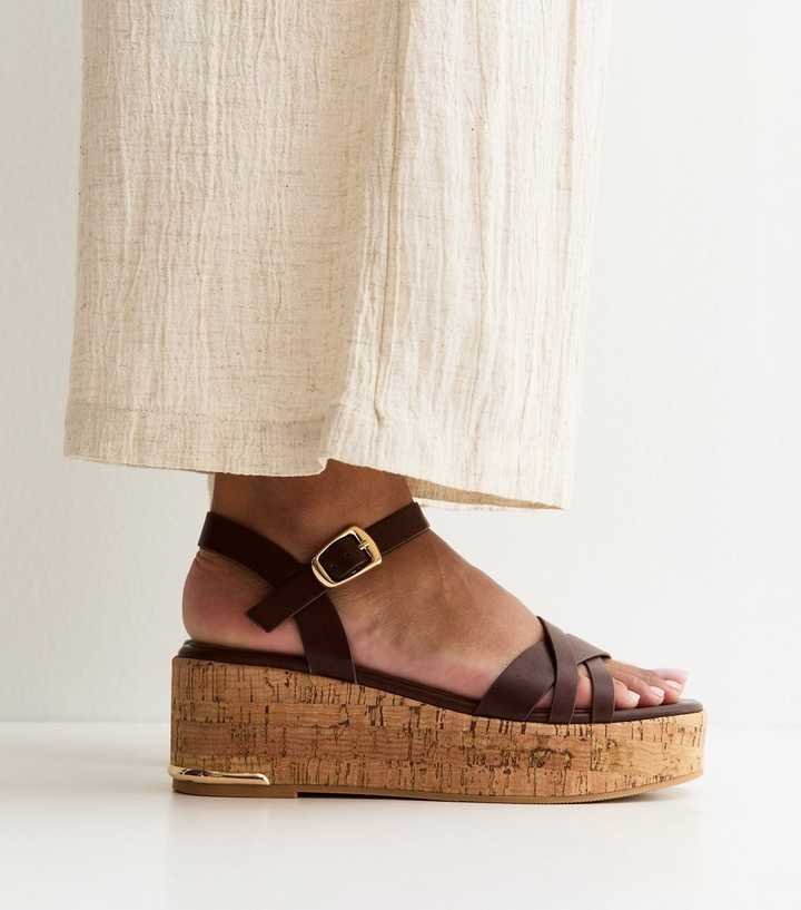 Dark Brown Faux Leather Cross Over Strap Cork Flatform Sandals