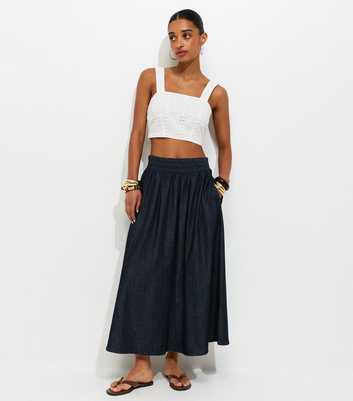 Navy Shirred Waistband Denim Midi Skirt