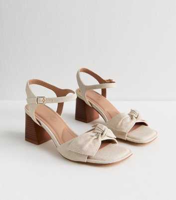 Wide Fit Off White Woven Bow Block Heel Sandals