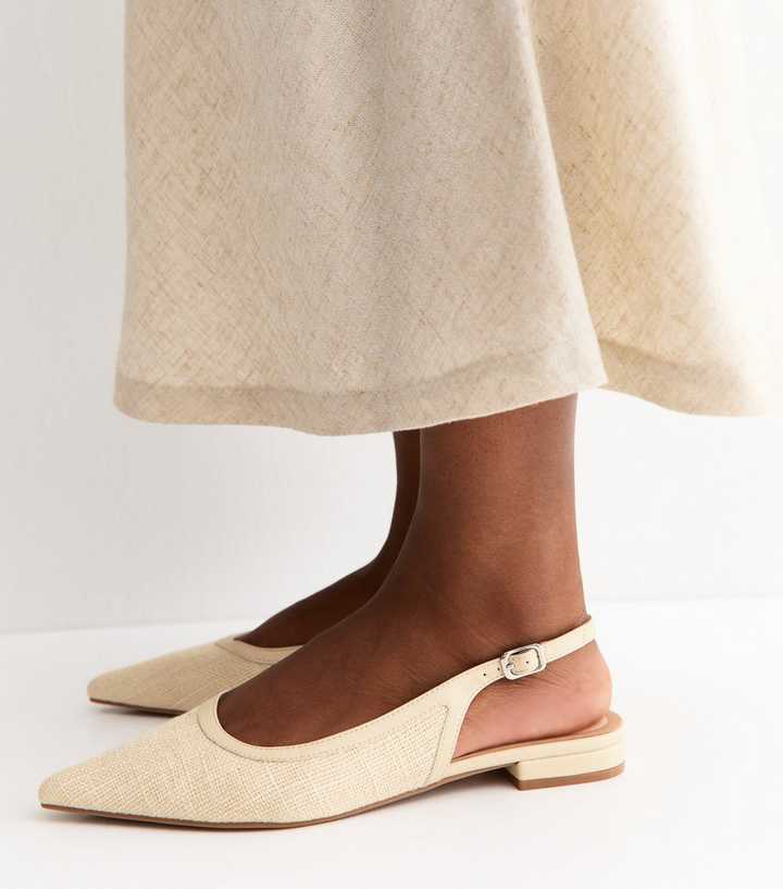 Off White Woven Pointed Slingback Pumps