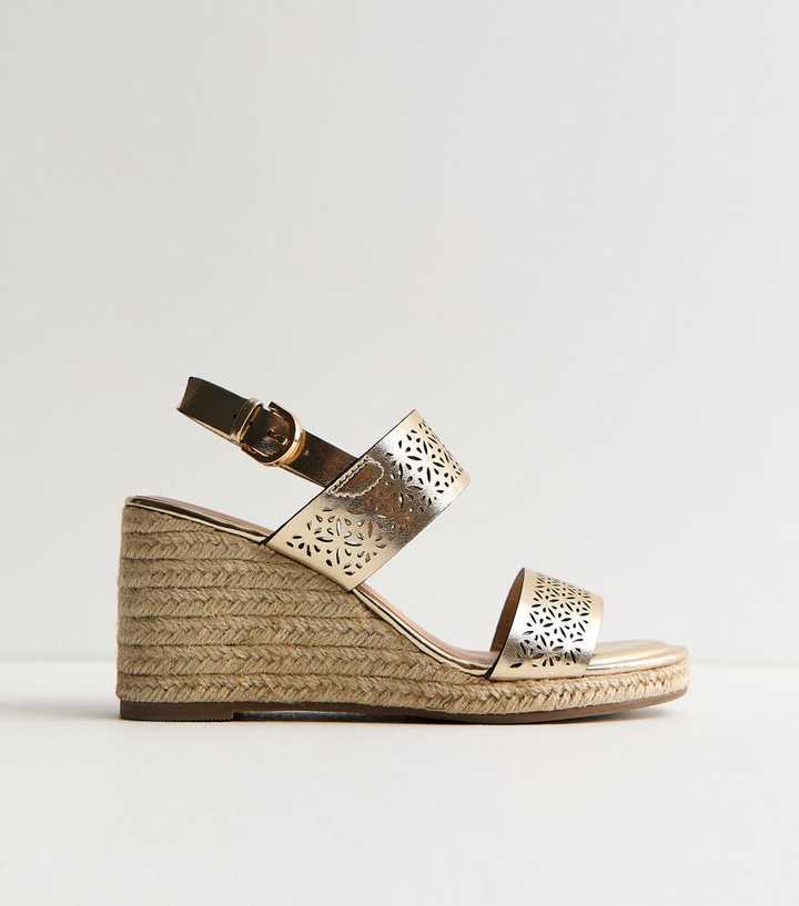Gold Laser Cut Jute Wedge Sandals