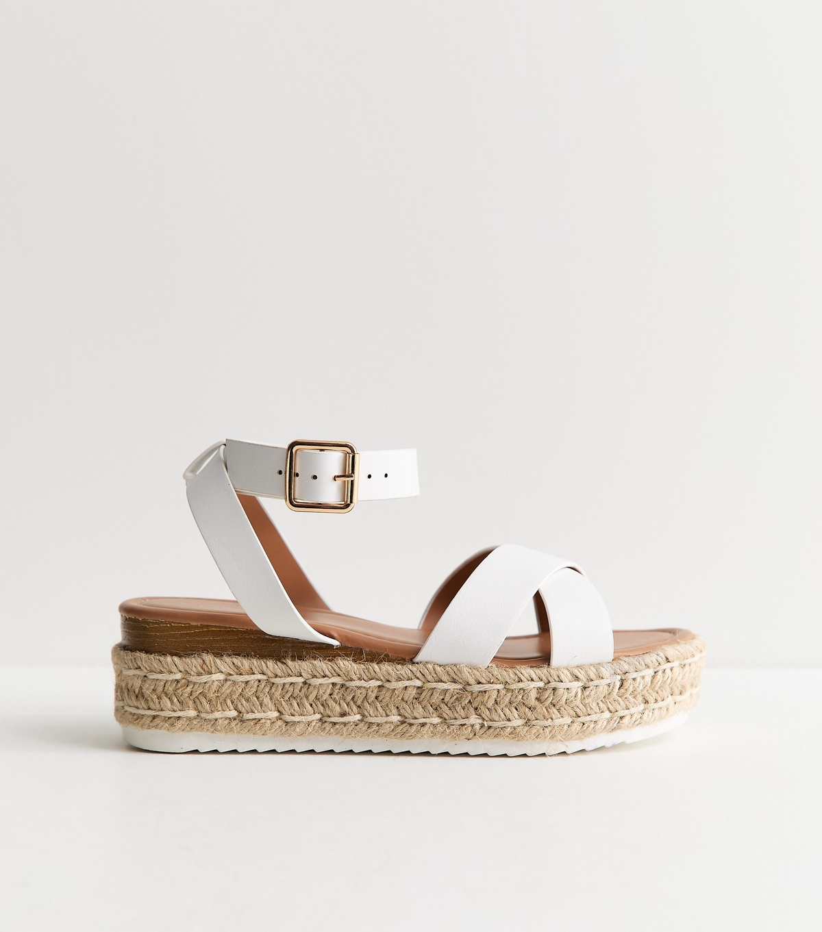 Women's White Faux Leather Espadrille Flatform Sandals Vegan New Look