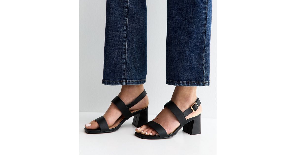 Extra Wide Fit Black Faux Leather Double Strap Heeled Sandals | New Look
