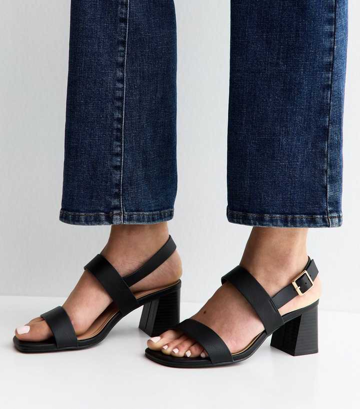 Extra Wide Fit Black Faux Leather Double Strap Heeled Sandals