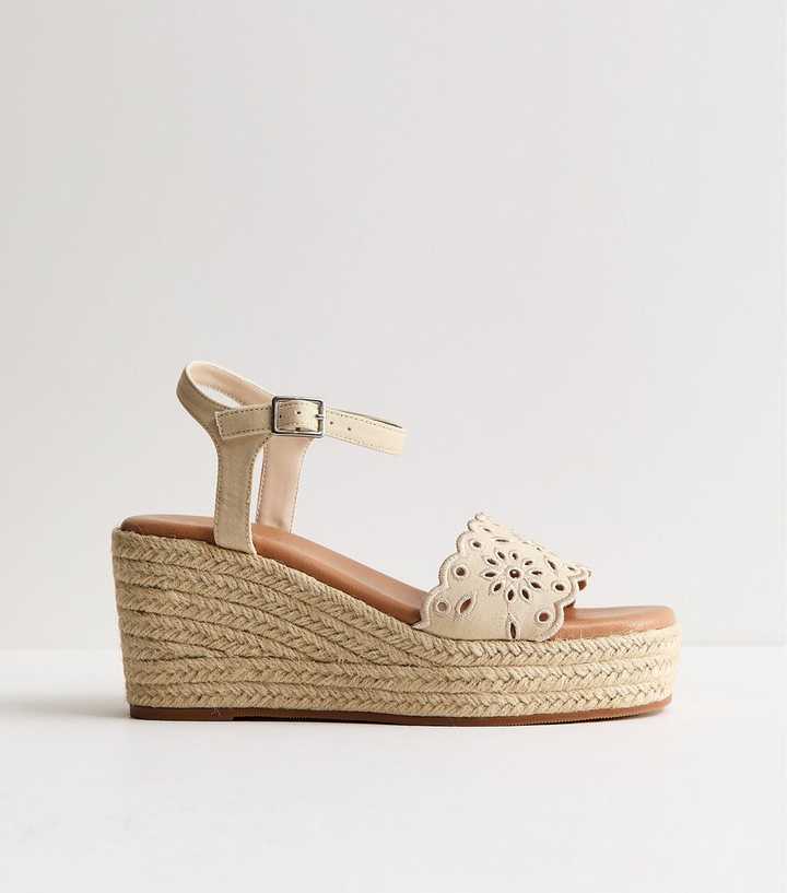 Wide Fit Off White Broderie Anglaise Wedge Sandals