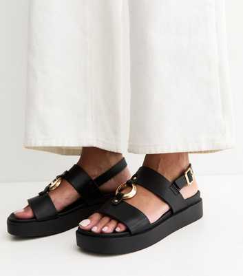 Black Faux Leather Hardware Detail Flatform Sandals