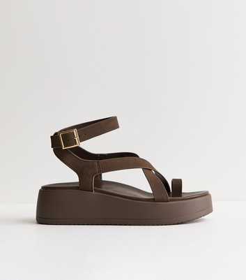 Brown Faux Suede Strappy Flatform Sandals