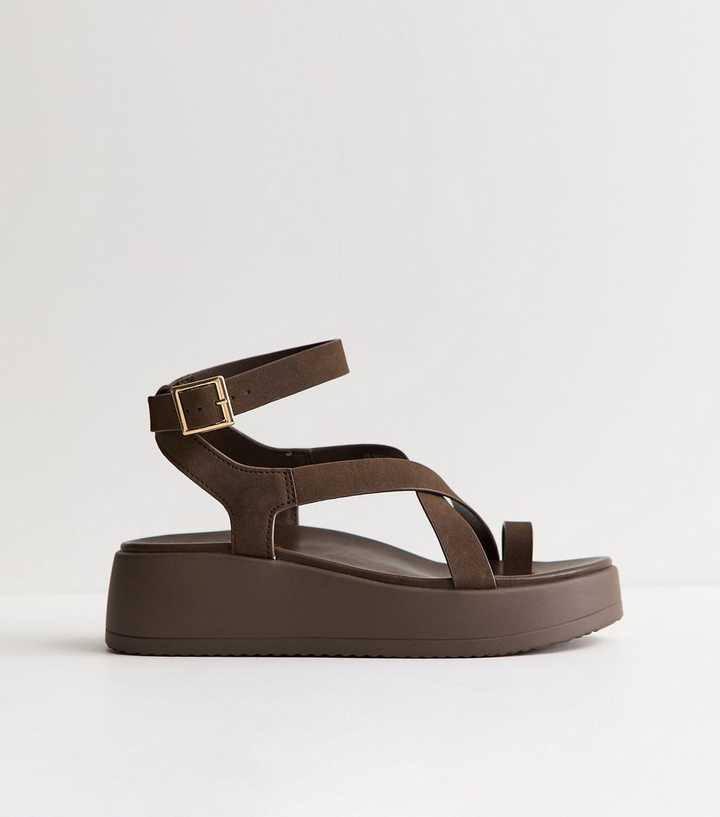 Brown Faux Suede Strappy Flatform Sandals