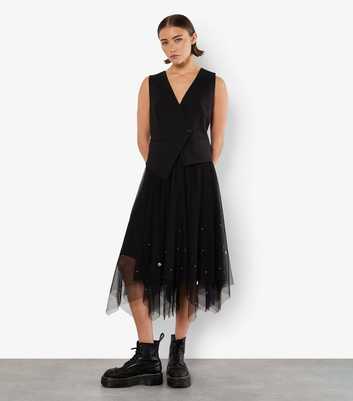 Apricot Black Tulle Faux Pearl Midi Skirt