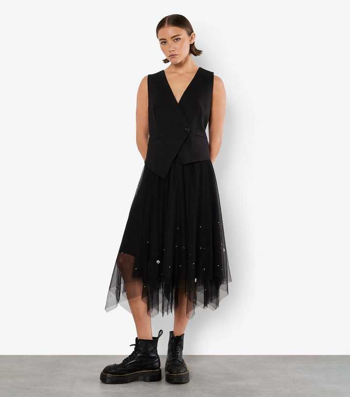 Apricot Black Tulle Faux Pearl Midi Skirt