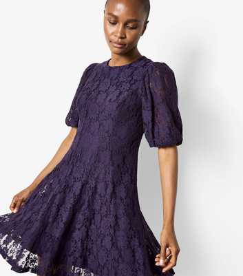 Apricot Dark Purple Floral Lace Puff Sleeve Dress