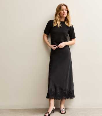 Gini LondonBlack Satin Lace Hem Midi Skirt