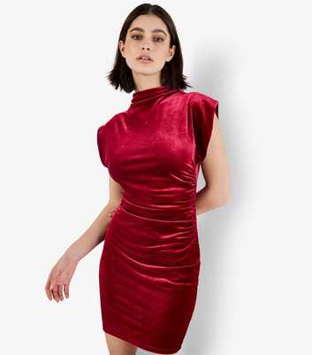 Apricot Red Velvet Cowl Neck Ruched Mini Dress