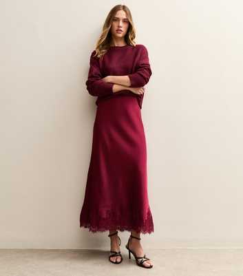 Gini London Light Burgundy Contrast Lace Trim Satin Midaxi Skirt