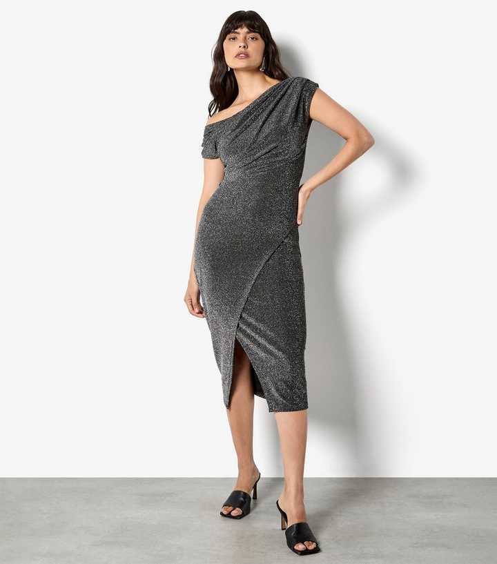 Apricot Silver Drape Shoulder Wrap Midi Dress