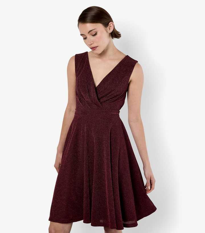 Apricot Burgundy Lurex Pleated Skater Dress