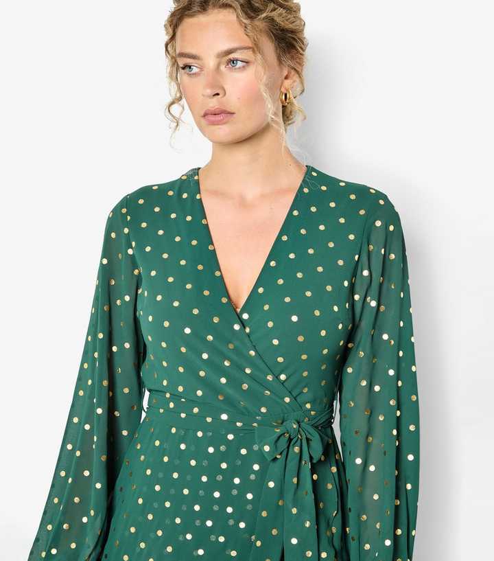 Apricot Green Foil Polka Dot Wrap Dress | New Look