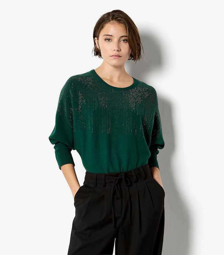 Apricot Dark Green Stud Batwing Jumper
