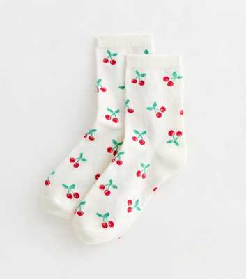 White Cherry Patterned Ankle Socks