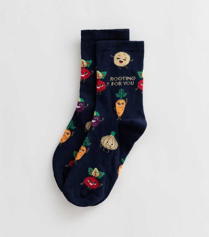 Navy Rooting for You Vegetable Pattern Ankle Socks