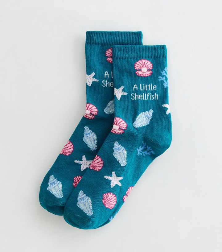Teal A Little Shellfish Shell Pattern Ankle Socks