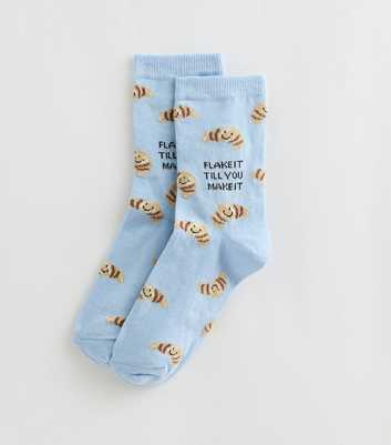 Blue Cotton Rich Flake It Till You Make It Croissant Pattern Socks