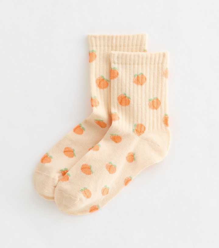 Peach Ribbed Fruit Patterned Ankle Socks