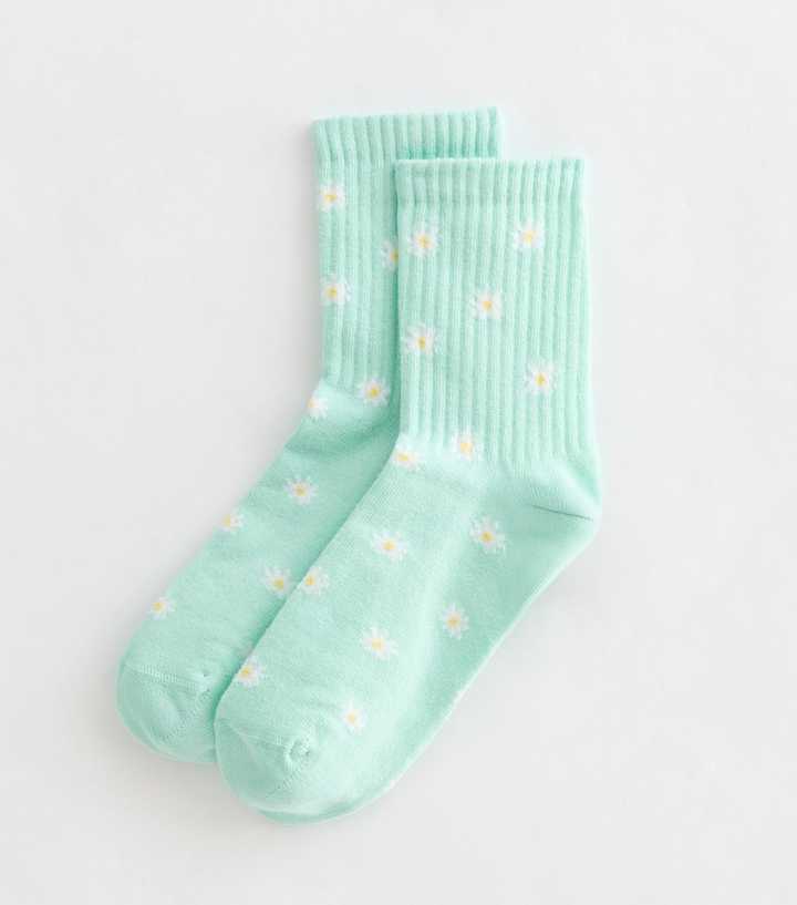 Mint Green Ribbed Daisy Patterned Ankle Socks