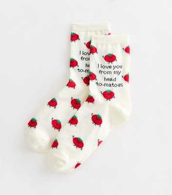 Cream Tomato Patterned Slogan Ankle Socks