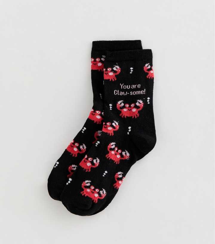 Black Crab Patterned Slogan Ankle Socks