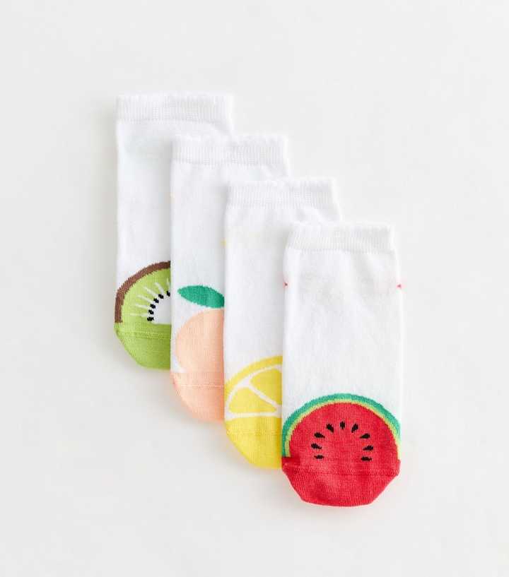 Pack of 4 White Multicolour Fruit Patterned Trainer Socks