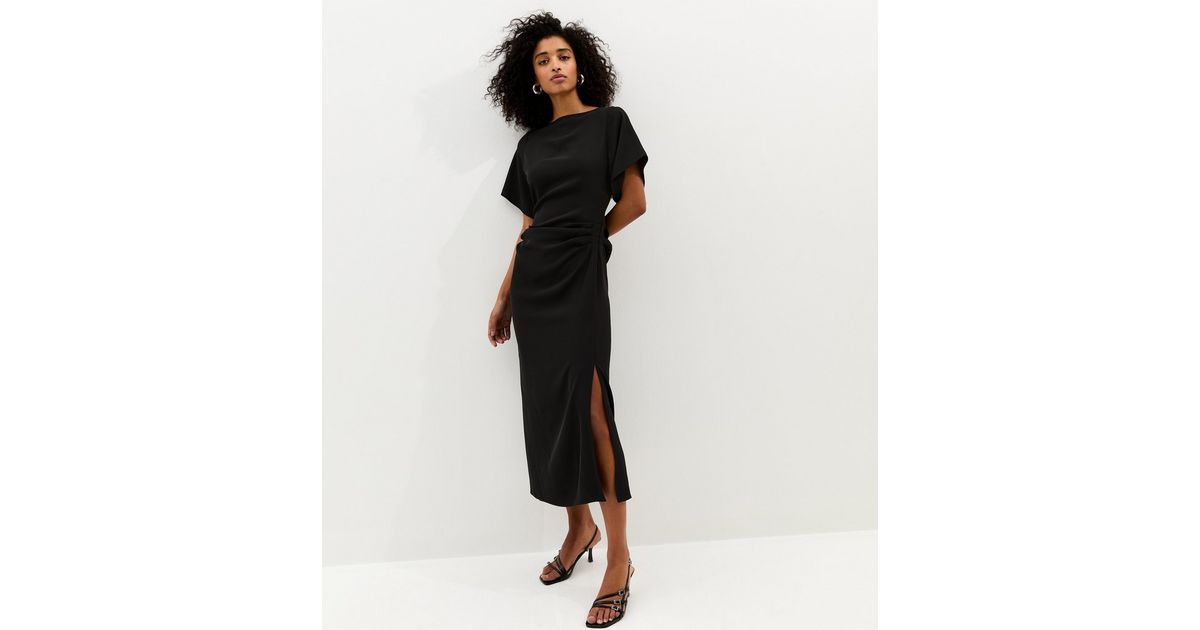 womens midi dress black Cali Chic Women Dress Black Sheer Mesh Long Sleeve Twisted Knot Side Slit Midi Dress