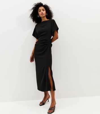 Black Ruched Waist Short Sleeve Midi Dress
