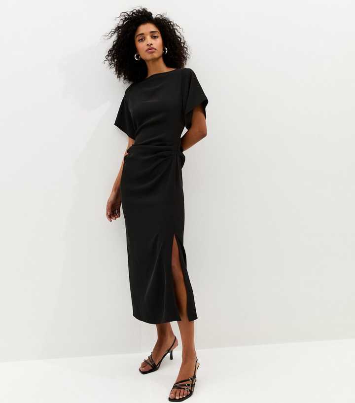 Black Ruched Waist Short Sleeve Midi Dress