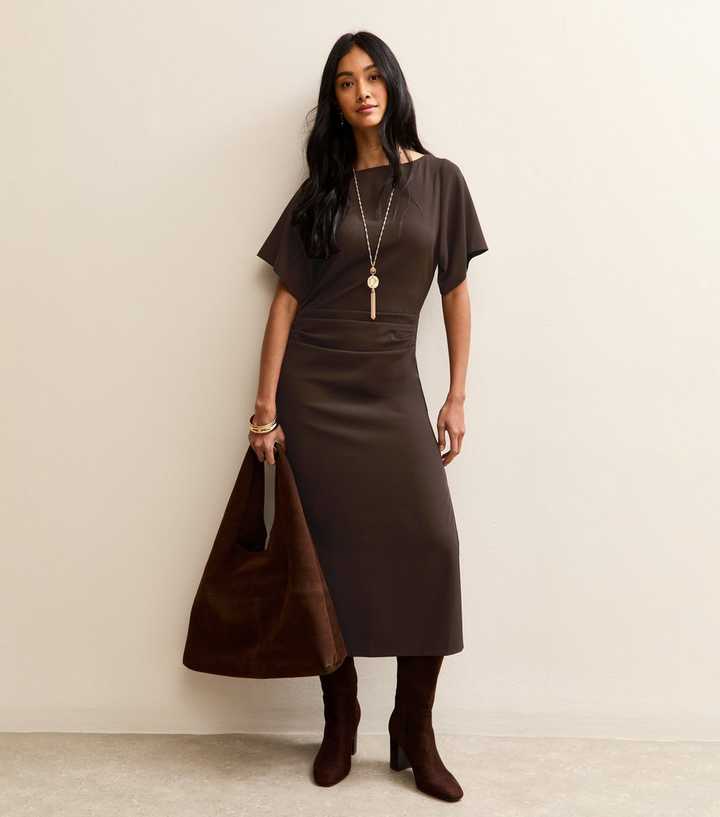 dark brown ruched dress Jluxlabel Women's Opulent Ruched Midi Dress main image 1