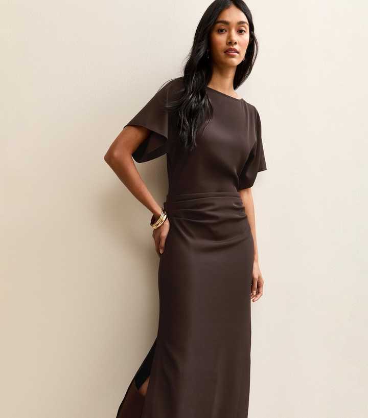 princess polly baby blue dress Dark Brown Ruched Waist Short Sleeve Midi Dress