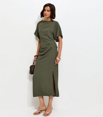 Dark Khaki Ruched Waist Short Sleeve Midi Dress | New Look