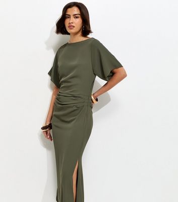 Dark Khaki Ruched Waist Short Sleeve Midi Dress | New Look