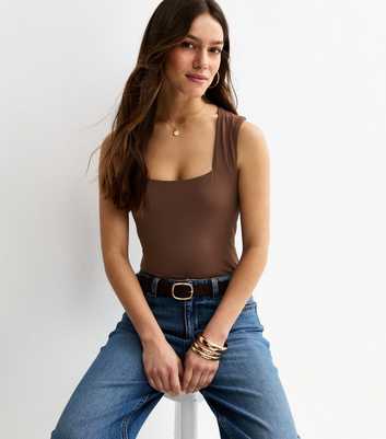Petite Brown Jersey Square Neck Sleeveless Bodysuit